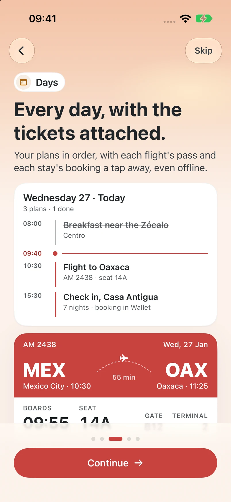 Drift day plan with example activities and linked booking tickets.