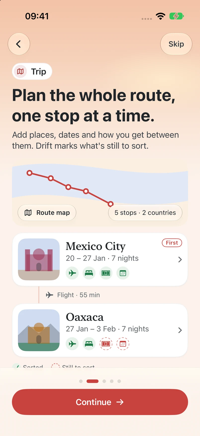 Drift route preview showing a sample trip through Mexico, with stops and travel connections.